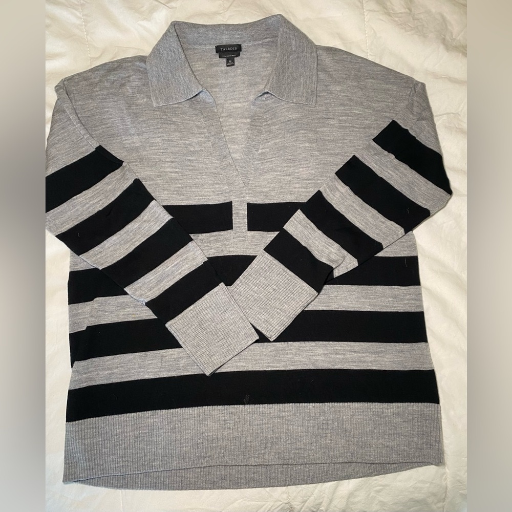 Talbots 100% Merino Wool Striped Collared Sweater Gray Black Preppy Classic M